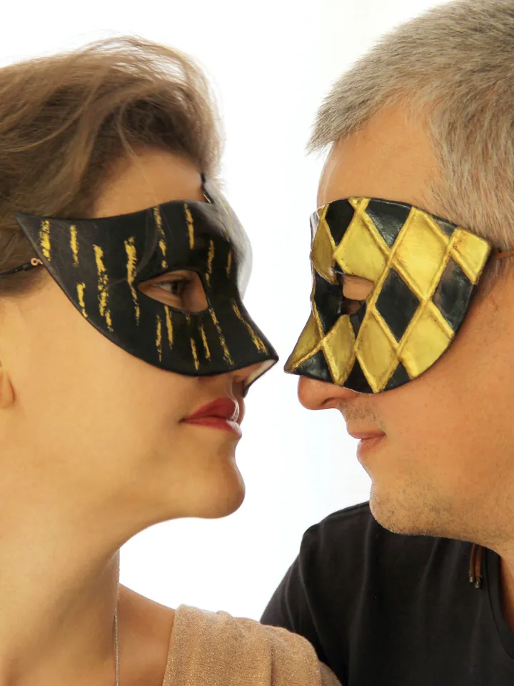 Masquerade mask  men to carnival costume at new years eve party. Gold and black Venetian mask men to carnival birthday party.