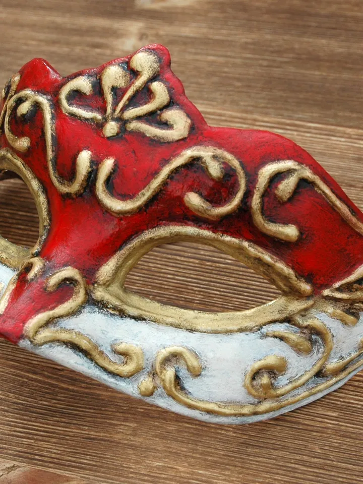 Masquerade mask women to carnival costume of Marie antoinette style design. Red gold venetian mask for New years eve.