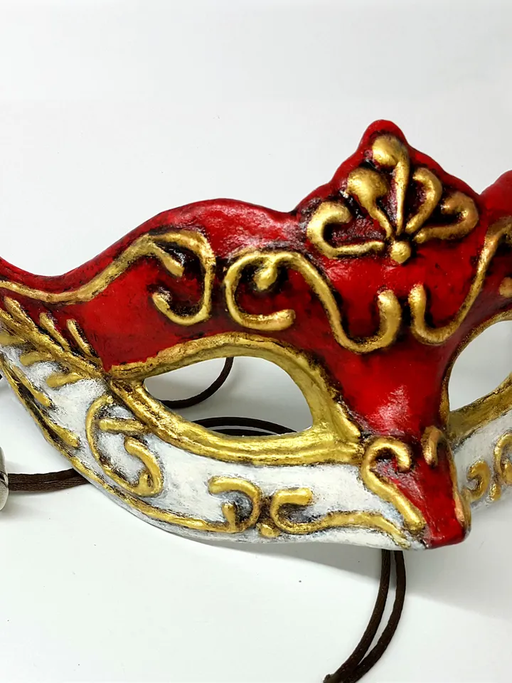 Masquerade mask women to carnival costume of Marie antoinette style design. Red gold venetian mask for New years eve.