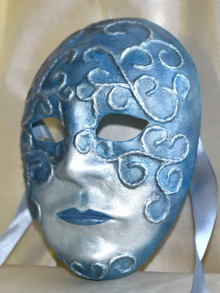 Blue masquerade mask men, carnival costume. Volto venetian mask. Blue and silver full face mask for new years eve party.