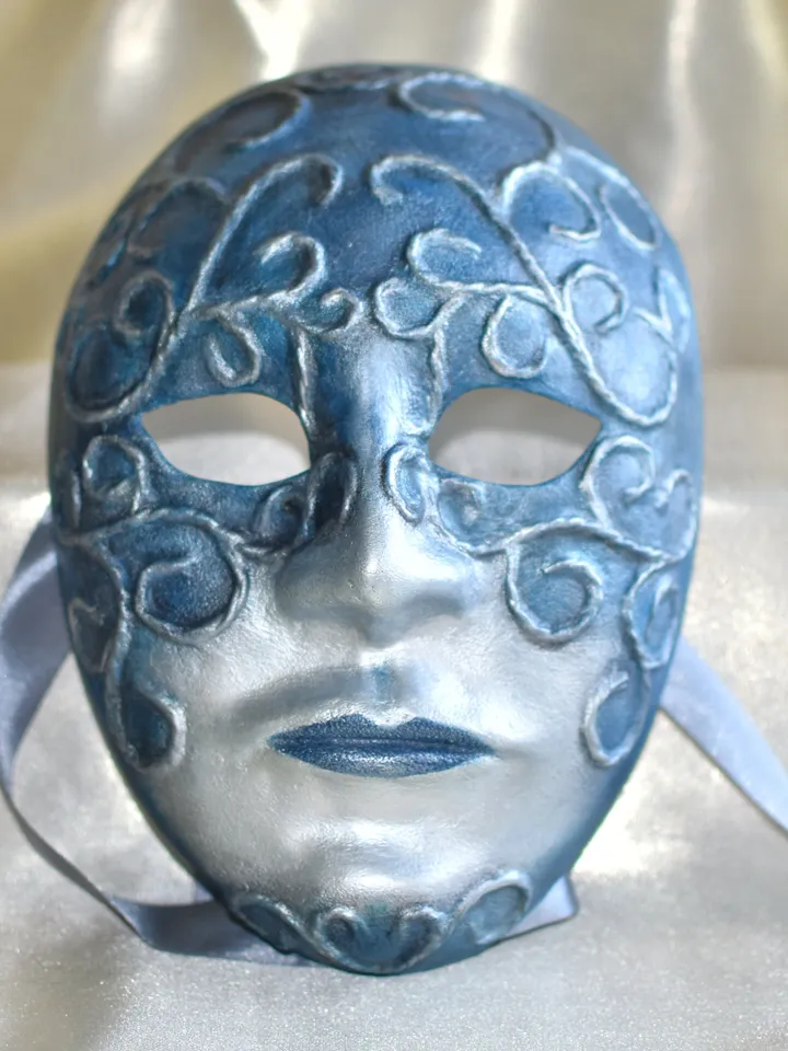 Blue masquerade mask men, carnival costume. Volto venetian mask. Blue and silver full face mask for new years eve party.
