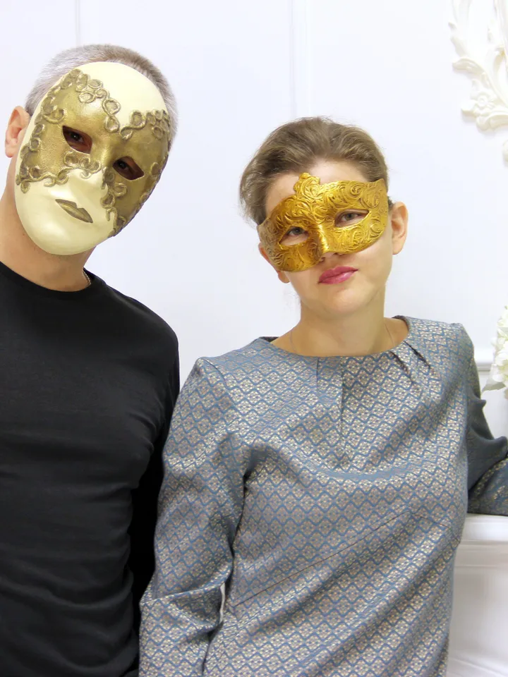 Gold masquerade mask men to cosplay costume. Venetian mask Volto. Full face mask to mascuerade costume.