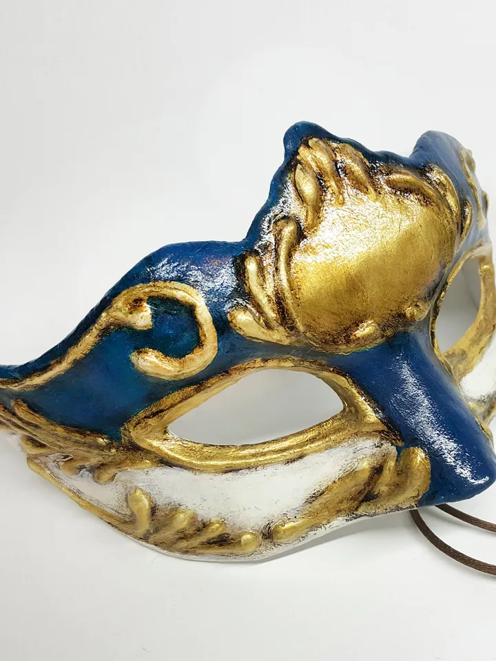 Blue Masquerade mask women to cosplay costume. Marie antoinette style design. Gold venetian mask to masquerade costume.