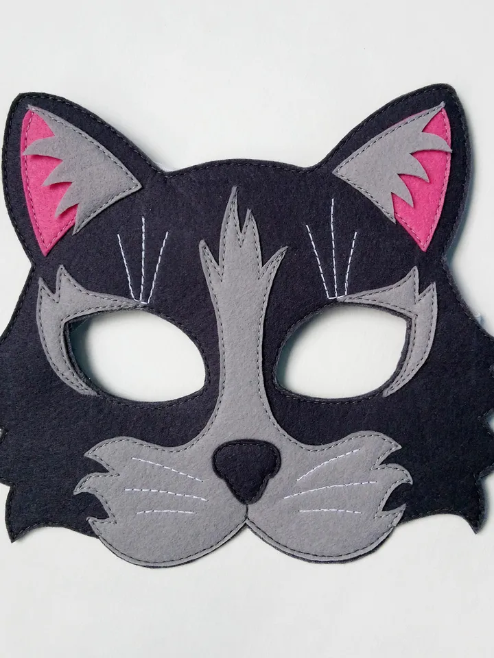 Black cat masquerade kids mask, halloween cat mask kid, tabby cat face mask, cat cosplay halloween costume.