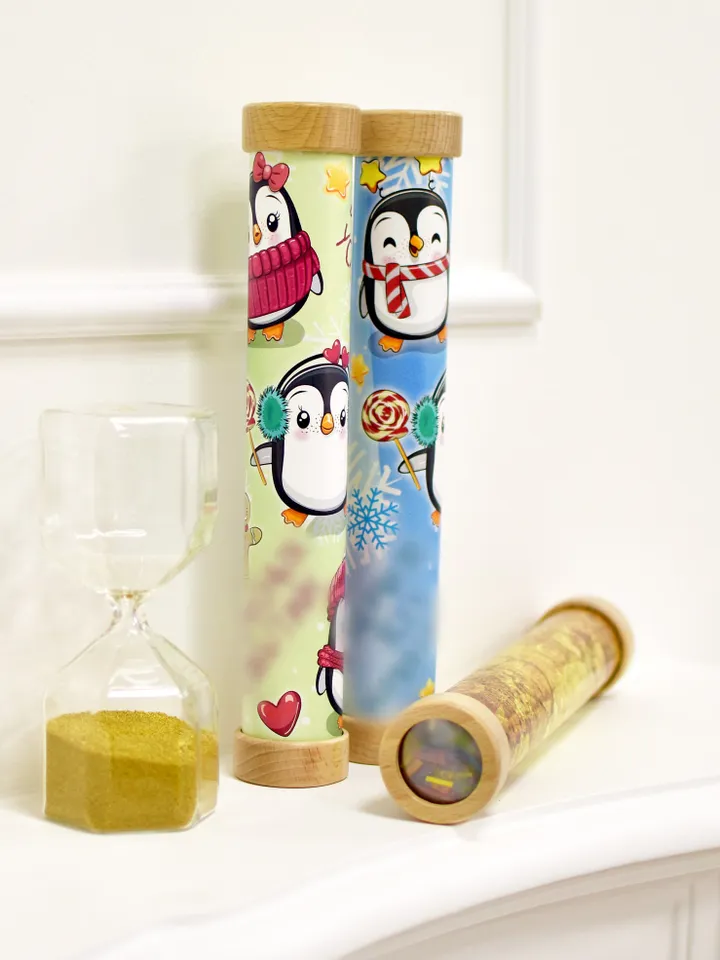 New Year kaleidoscope with cute penguins, unique christmas gift.
