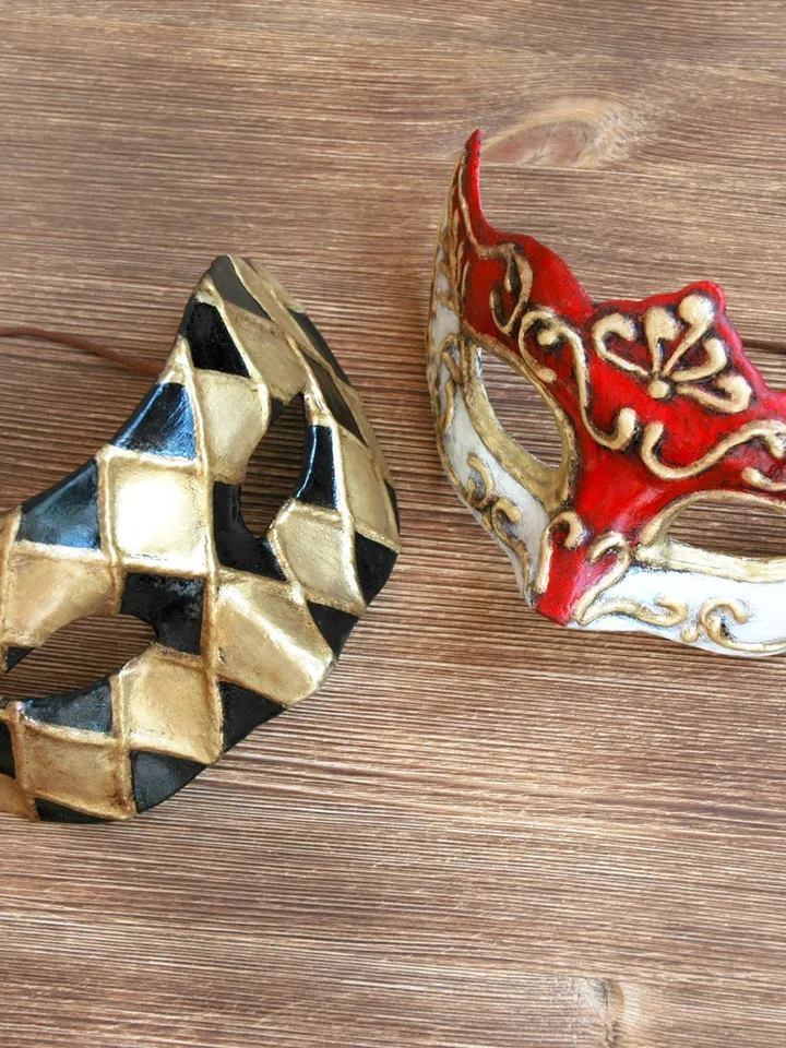 Masquerade mask women to carnival costume of Marie antoinette style design. Red gold venetian mask for New years eve.