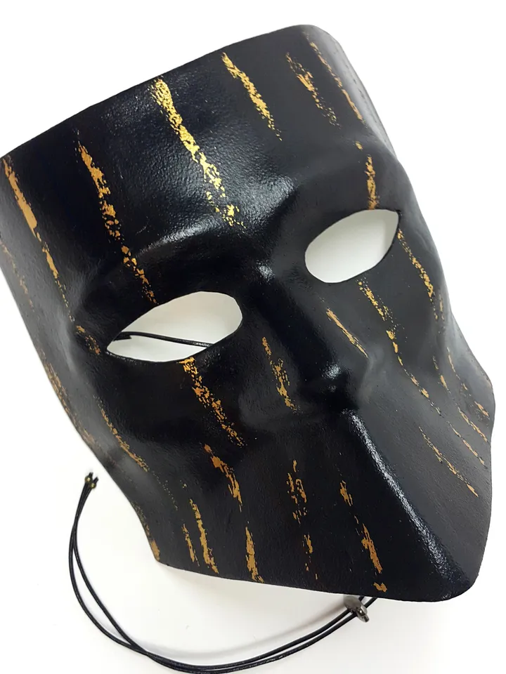 Bauta mask. Gold and black masquerade mask men. Venetian mask to carnival costume.