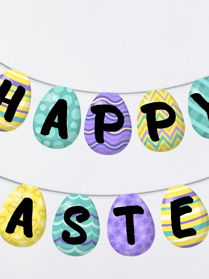 Happy Easter banner eggs garland. Easter printable for playroom decor. Instant download file of Easter party decor.