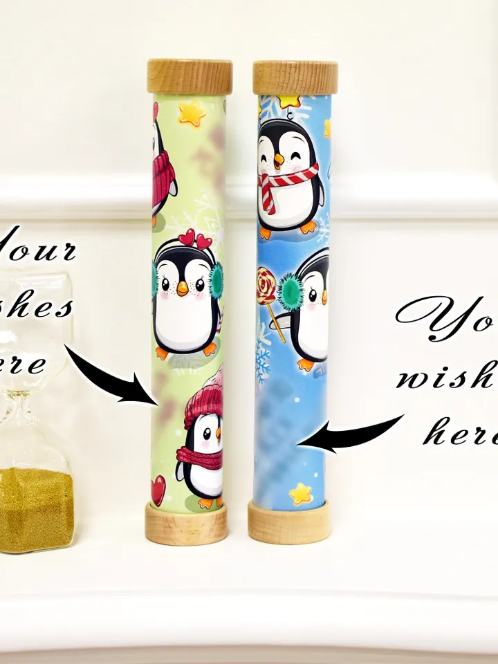 New Year kaleidoscope with cute penguins, unique christmas gift.