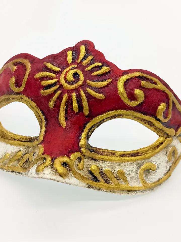 Red masquerade mask women to cosplay costume of Marie antoinette style design. Red gold venetian mask to masquerade costume.