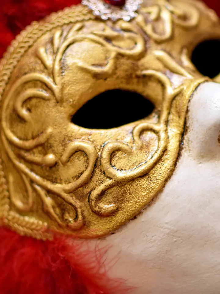 Gold & red masquerade mask women, wall mask, venetian mask, masquerade costume, Volto, full face mask, eyes wide shut.