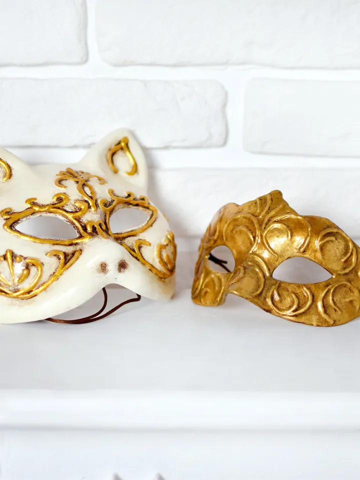 Gold masquerade couples mask to carnival costume or prom dress. Mardi gras mask for goddess costume.