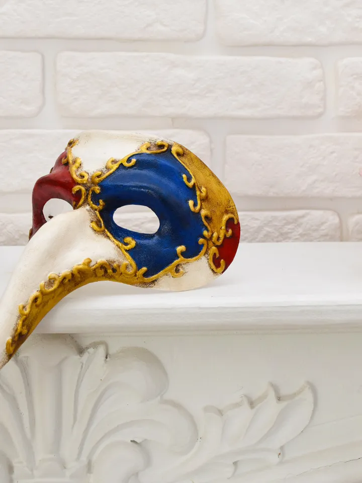 Cosplay mask of plague doctor, red masquerade mask, masquerade ball Venetian mask to historical costume.