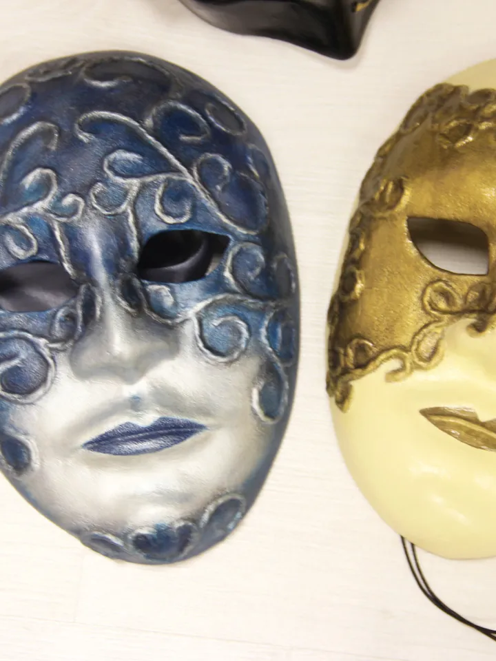 Gold masquerade mask men to cosplay costume. Venetian mask Volto. Full face mask to mascuerade costume.