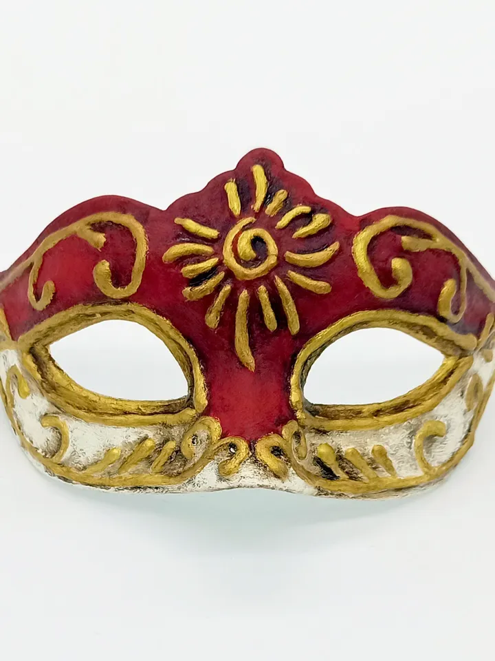 Red masquerade mask women to cosplay costume of Marie antoinette style design. Red gold venetian mask to masquerade costume.