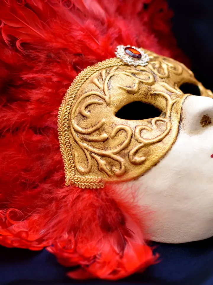 Gold & red masquerade mask women, wall mask, venetian mask, masquerade costume, Volto, full face mask, eyes wide shut.