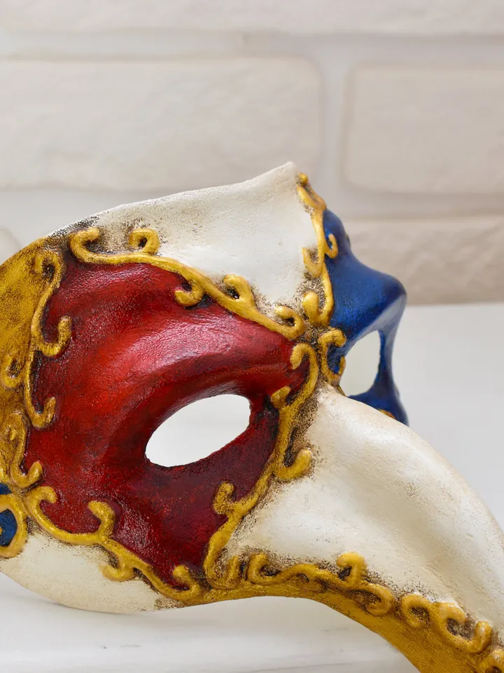 Cosplay mask of plague doctor, red masquerade mask, masquerade ball Venetian mask to historical costume.