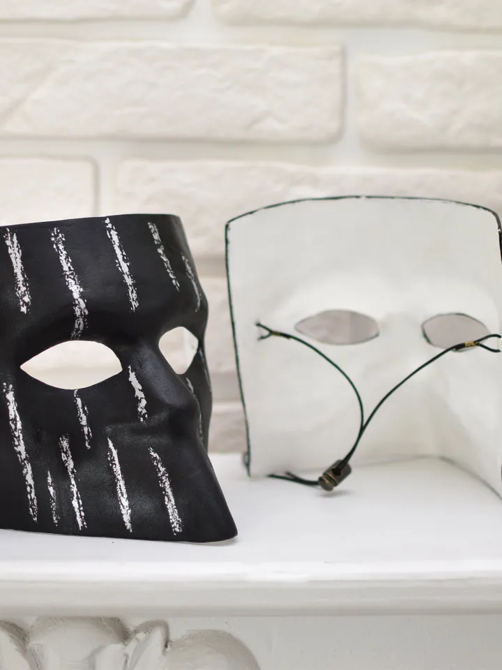 Masquerade mask men. Bauta mask. Siver and black cosplay mask.