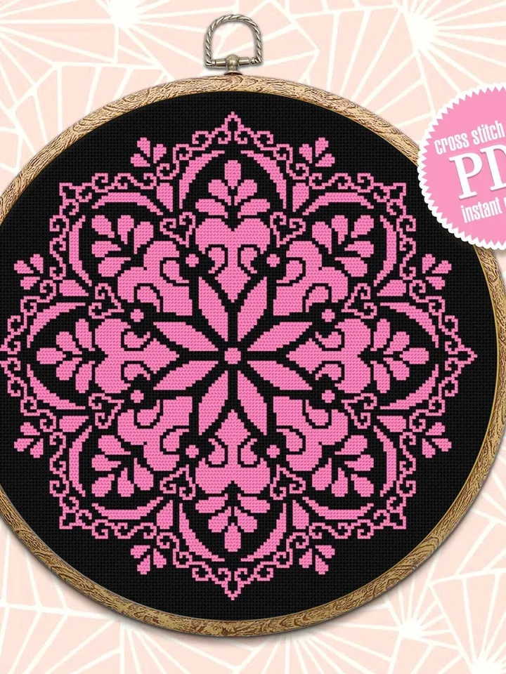 Mandala cross stitch pattern download PDF Monochrome cross stitch Flower mandala ornament cross stitch chart Easy mandala digital PDF #M114