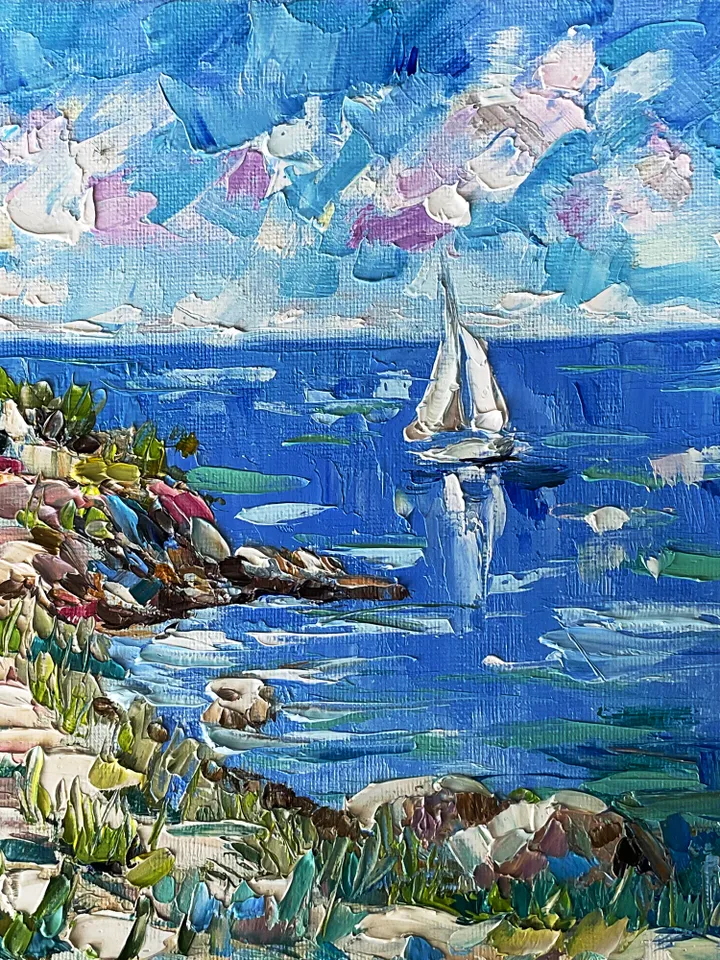 Impasto Oil Painting 8x8 Textured Seascape with Boat – Original Palette Knife Artwork on Canvas by IrenFantasyArt
