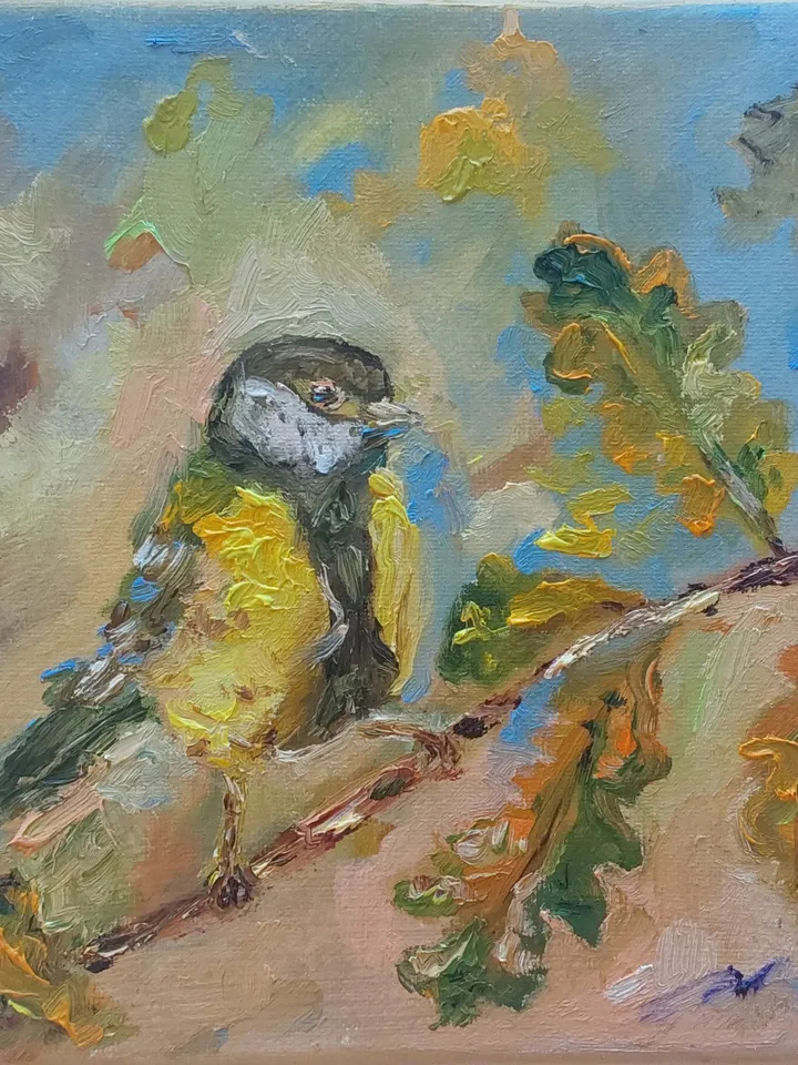 Oil painting on canvas "Birds. Tit". 20x20 cm (8x8 inches)