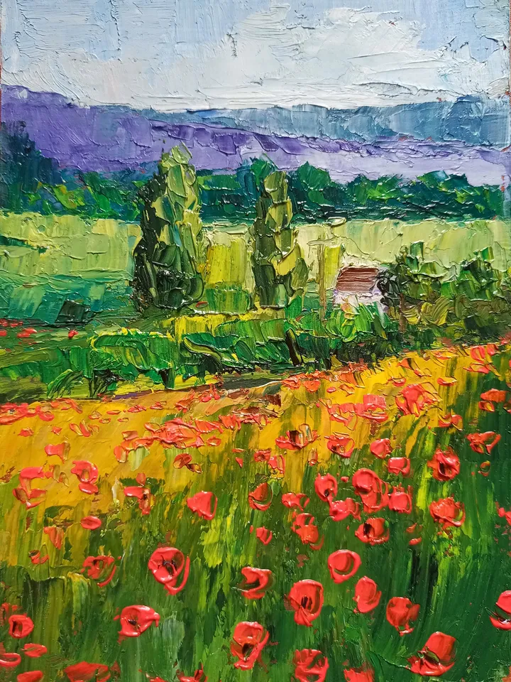 Oil painting panoramic landscape nature original painting,panoramic scenery meadow impasto painting Meadow art poppy field Gifts art impast
