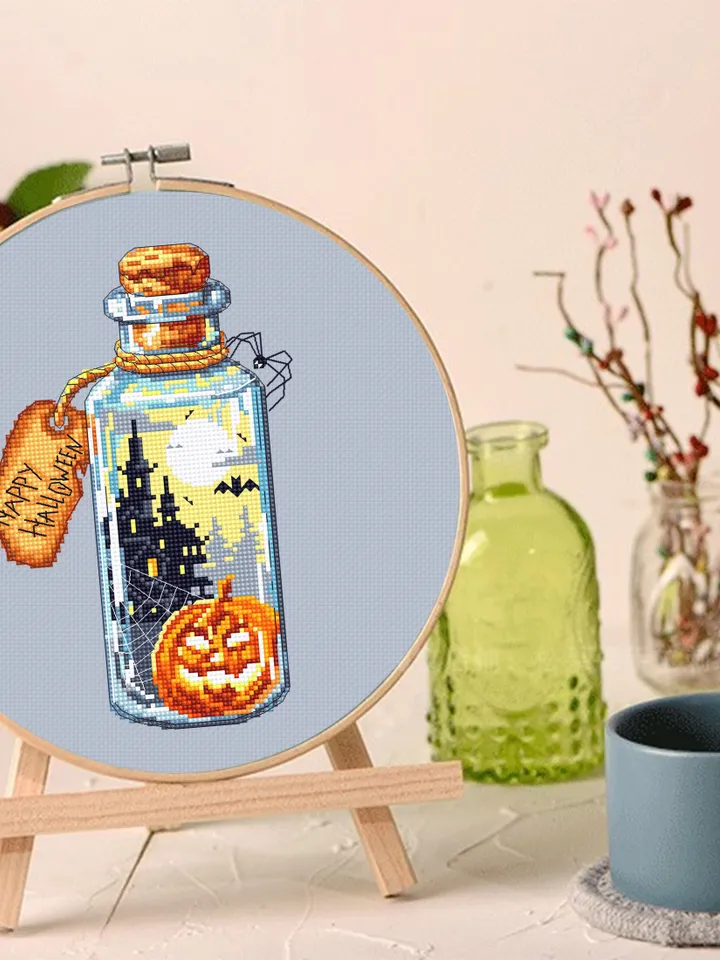 Halloween bottle cross stitch pattern download PDF Horror pumpkin xstitch chart Happy Halloween embroidery Spooky castle digital pdf #H29