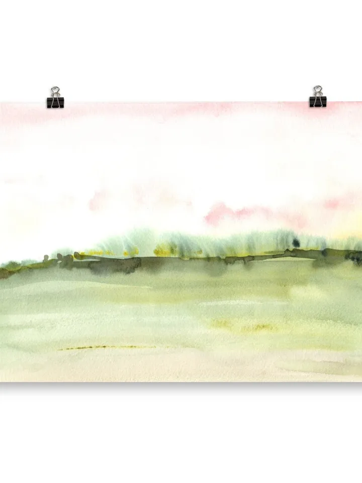 Pink Green Landscape Watercolor Painting,Neutral Maximalist Pink Art,Horizontal Art, Minimalist Landscape Wall Art, Pink Wall Decor
