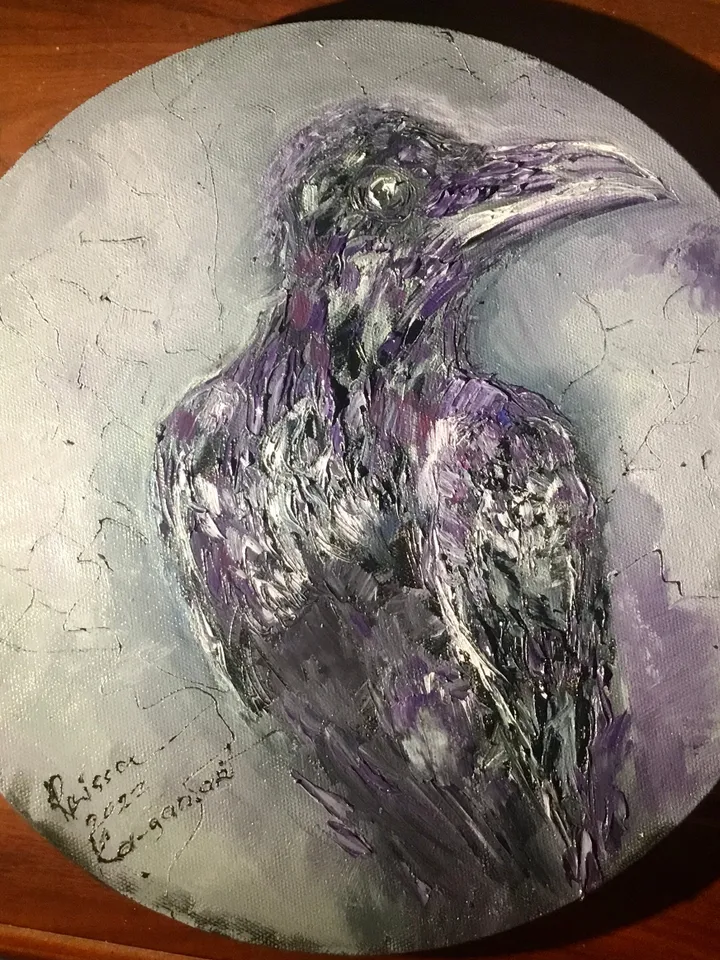 Raven original oil impasto style painting on round canvas,wall hanging,animals oil painting,birds paintings,unique handmade gift home decor.