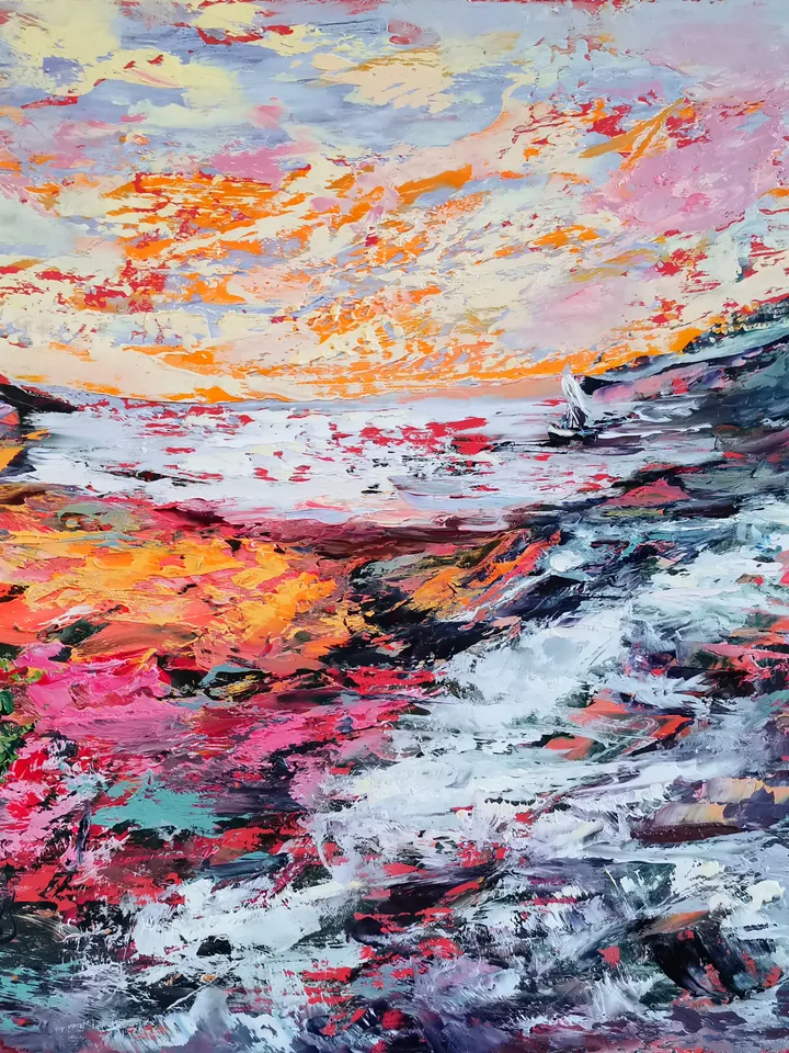 Boat Mountain Trees Flowers Sunset Original Art Oil Painting Artist Svinar Oksana