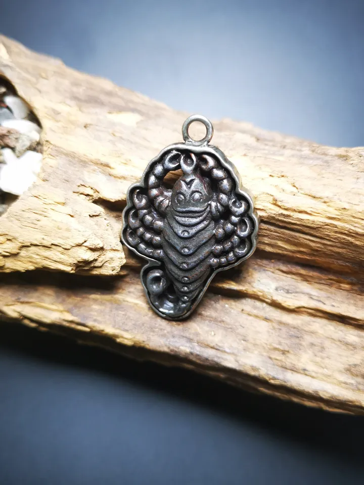 Gandhanra Handmade Tibetan Amulet,Scorpion Guru of Padmasambhava, Scorpion Totem, Buddhist Tailsman,Made of Thokcha,Inlaid With Silver