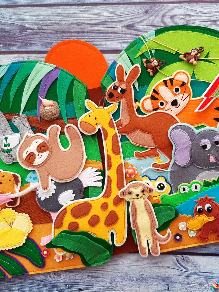 Jungle Quiet Book pattern PDF, Felt book pattern, Soft montessori book template, Felt jungle animals pattern, Felt Activity Book pdf ideas