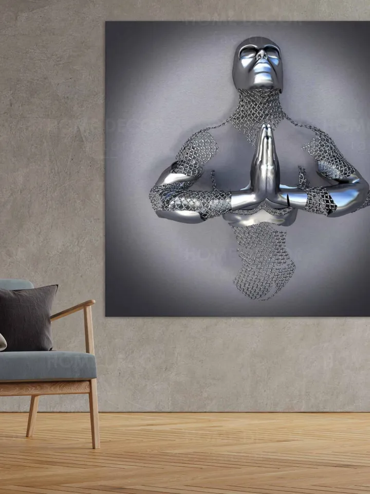 Metal figure Print Canvas Pictures 3D Effect man prayingChain style canvas Cyberpunk Wall Art Silver Metal Canvas Print Artwork Love