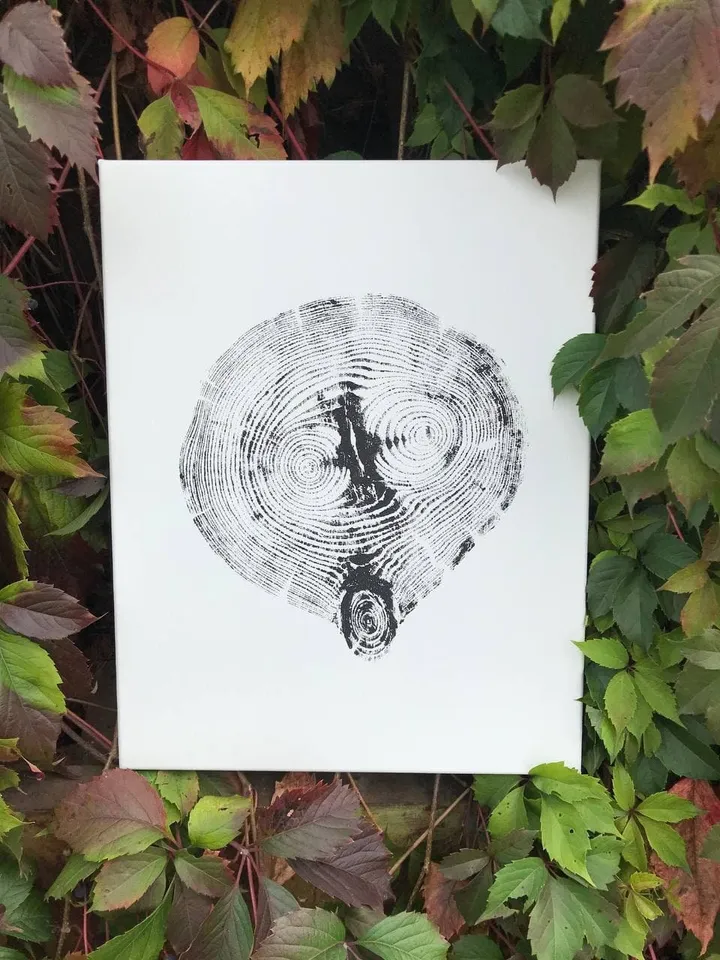 Printed by hand Real wood imprint with Acrylic paints, real Woodcut art, Tree stump print, Wood art, Tree ring print on canvas