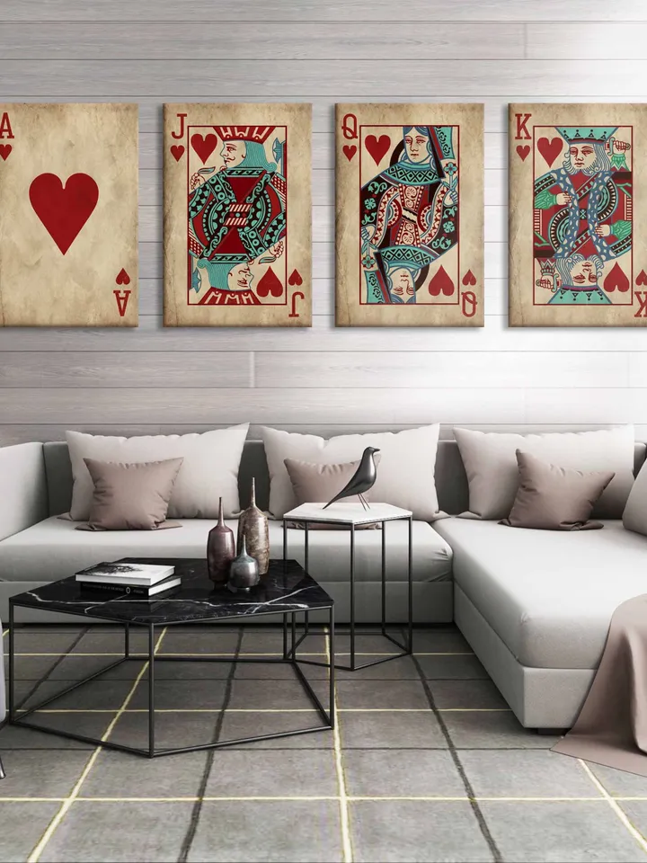 King & Queen Set Of 4 Art Prints Poker playing card print Poker art Casino print Poker canvas retro Cards canvas Gift to couple decor Art