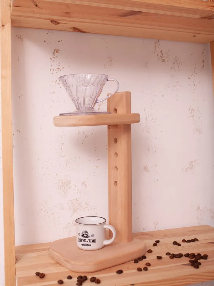 Light brown Wooden Pour Over Coffee Stand Handmade coffee drip wood stand with filter Modern Style Wooden Drip Stand Coffee Pour Over Stand