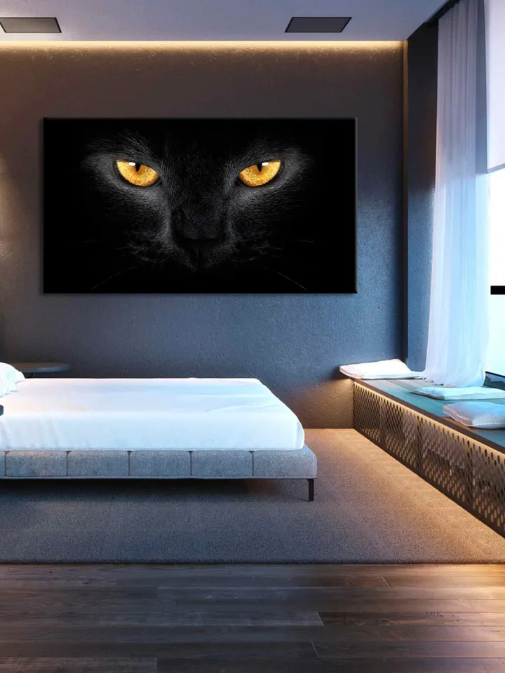 Cat eyes print Black Cat wall art Cats canvas print Black Cat yellow eyes Poster Cat lovers gifts Black and white wall art home decor