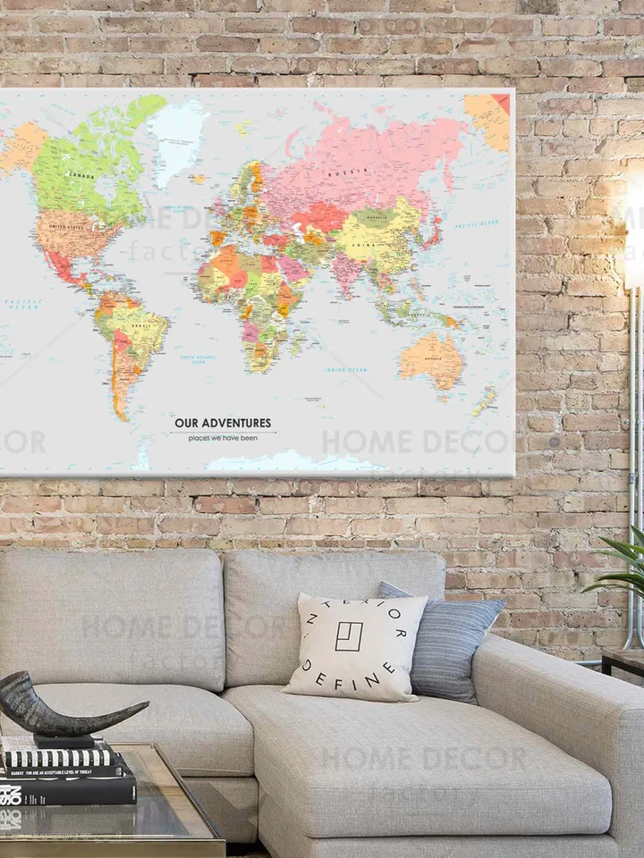 Huge Classic World Map Push Pin canvas print Personalized Modern political World Map Canvas Travel Gift World Travel Map dark Pin Board Wall