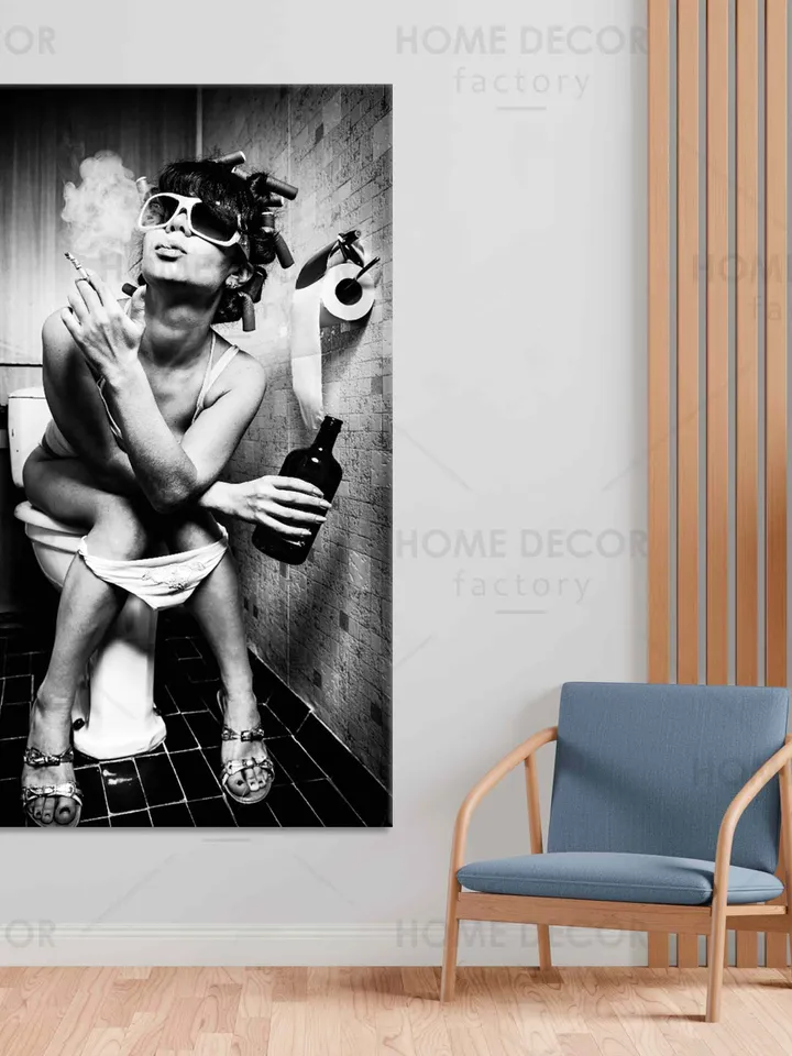 Girl Smoking and Drinking Art Canvas Print Vintage Style Canvas Wall Art Ready To Hang Black and White Style Print Smoking in the Toilet Art