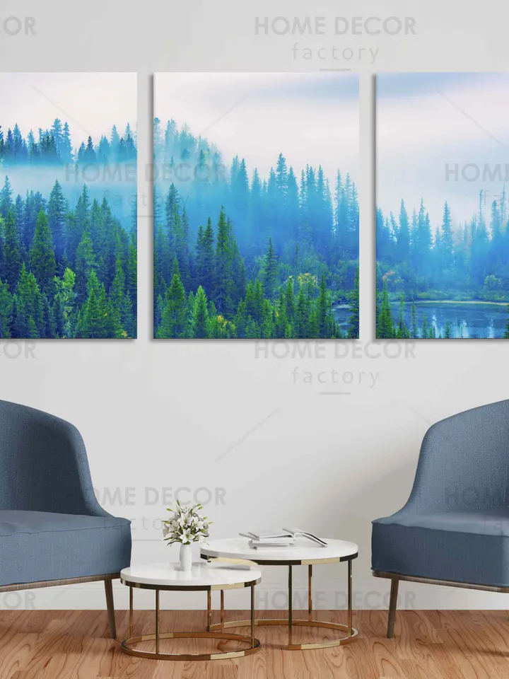 Nordic Forest Set, Forest Panoramic Canvas Print, Large Forest Paint, Foggy Forest Art, Scandinavian Photo Print, Magical Forest Decor Art