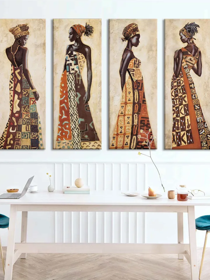 Set of 4 Ethnic Art , African woman modern wall art, African girls, Black African Woman Wall Art, African Ethnic Artwork,Antique African Art