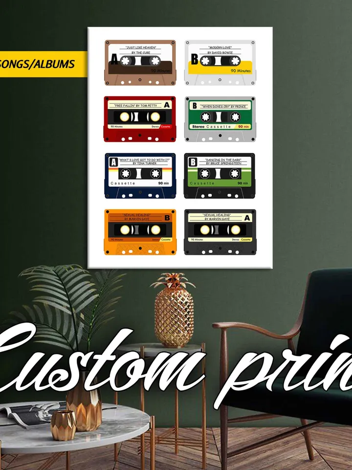Personalised Cassette Print, Retro Audio Cassette Tapes, Large Canvas Print Retro Wall ArtPoster - Add your favourite songs, Retro Music Art