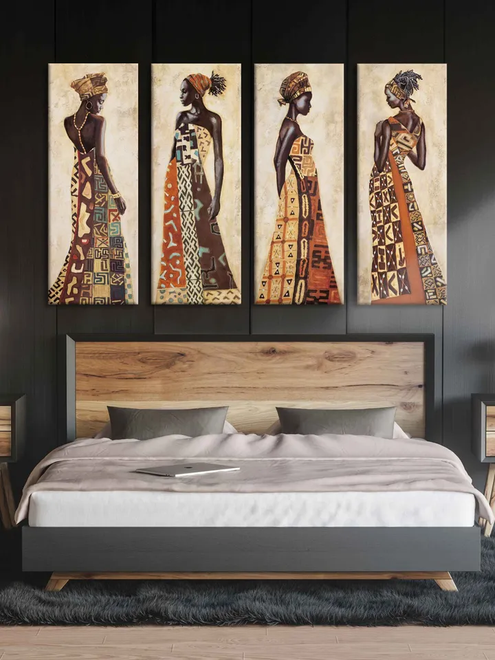 Set of 4 Ethnic Art , African woman modern wall art, African girls, Black African Woman Wall Art, African Ethnic Artwork,Antique African Art