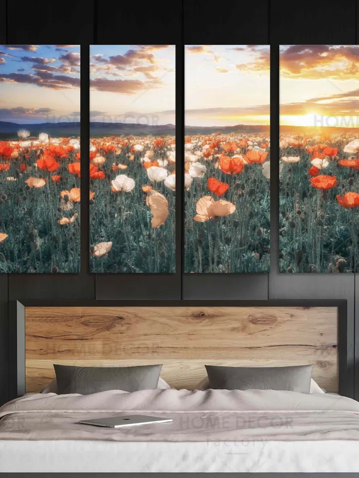 Sunset flowers Fields landscape, Red flowers field suset, field wall decor, Interior design, Canvas Print Wall Art, wall art Sunset
