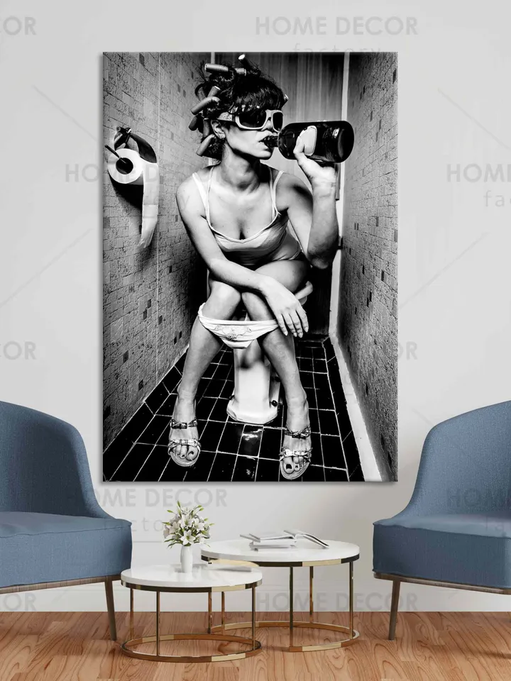 Sexy Girl Drinking Art Canvas Print Vintage Style Canvas Wall Art Ready To Hang Black and White Style Print Smoking in the Toilet Art Wall