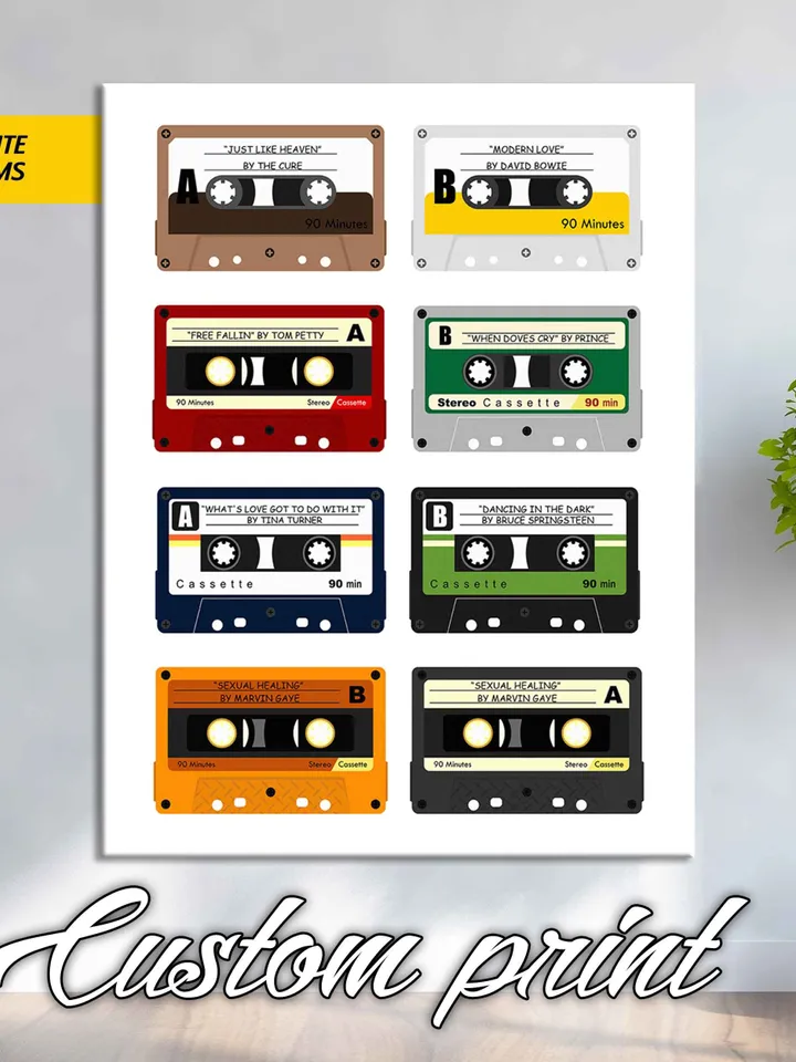 Personalised Cassette Print, Retro Audio Cassette Tapes, Large Canvas Print Retro Wall ArtPoster - Add your favourite songs, Retro Music Art