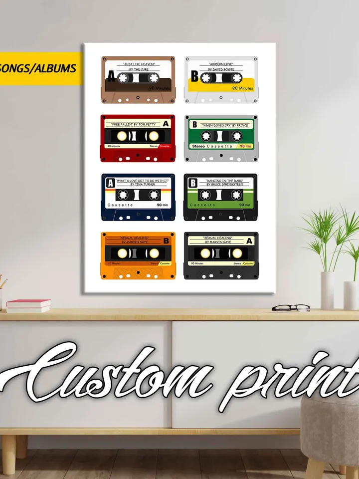 Personalised Cassette Print, Retro Audio Cassette Tapes, Large Canvas Print Retro Wall ArtPoster - Add your favourite songs, Retro Music Art