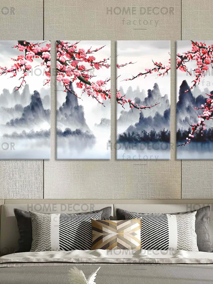 Japanese Cherry blossom art Oriental Mountain Landscape Print, Monochrome Ink Cherry blossom Art Zen Japan wall art Mountain Landscape Art