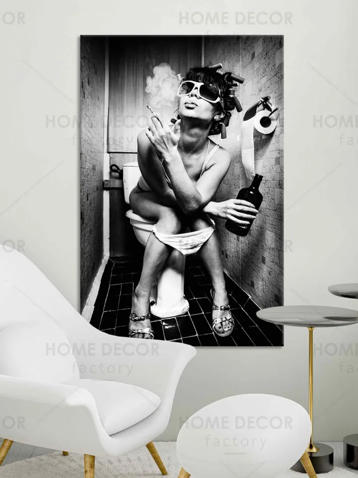 Girl Smoking and Drinking Art Canvas Print Vintage Style Canvas Wall Art Ready To Hang Black and White Style Print Smoking in the Toilet Art