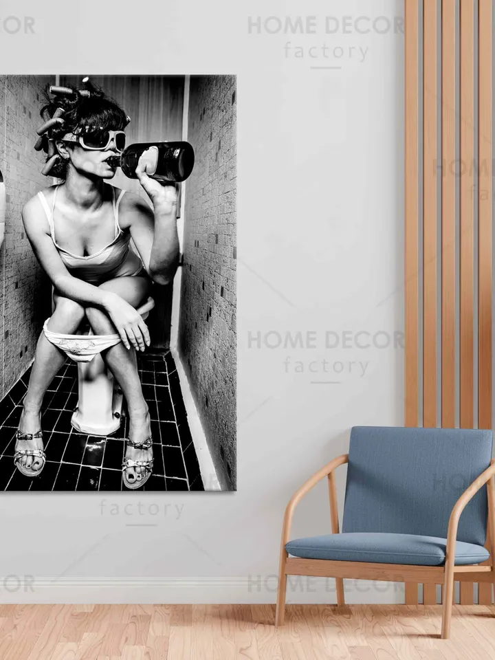 Sexy Girl Drinking Art Canvas Print Vintage Style Canvas Wall Art Ready To Hang Black and White Style Print Smoking in the Toilet Art Wall
